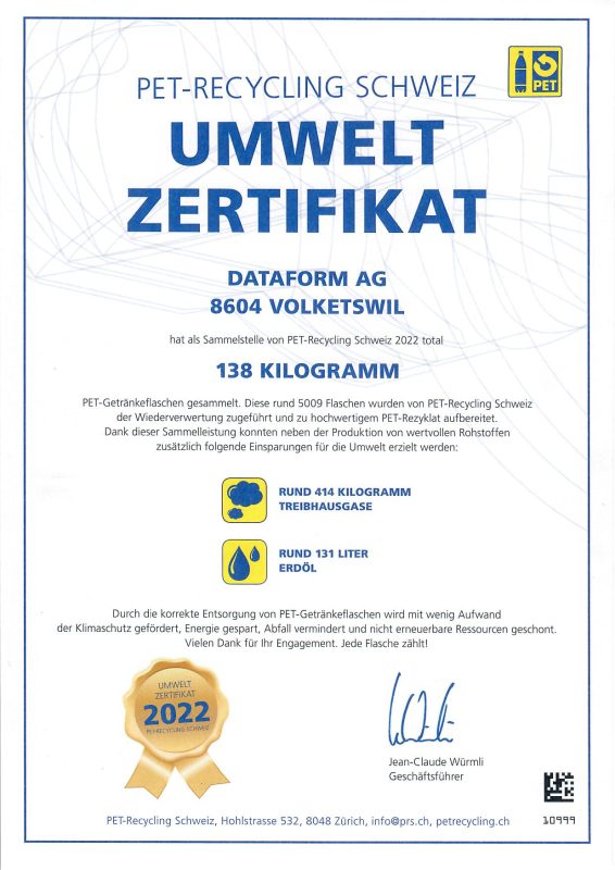 Dataform AG | Zertifikat | PET-Recycling | Umweltschutz